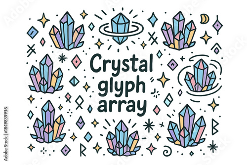 Crystal Glyph Array. Crystal glyph array. Hand-drawn doodle illustration of Crystal glyph array. Floating