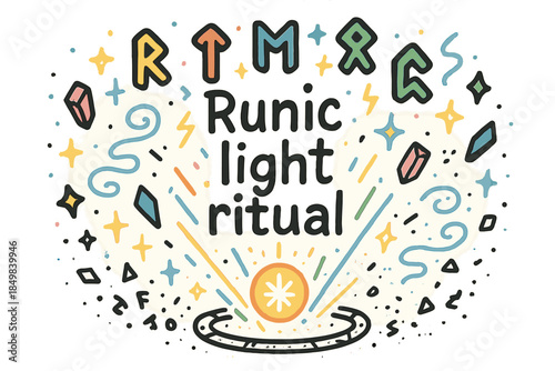 Runic Light Ritual. Runic light ritual. Hand-drawn doodle illustration of Runic light ritual. Floating runes,