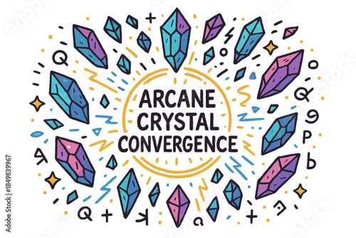 Arcane Crystal Convergence. Arcane crystal convergence. Hand-drawn doodle illustration of Arcane crystal