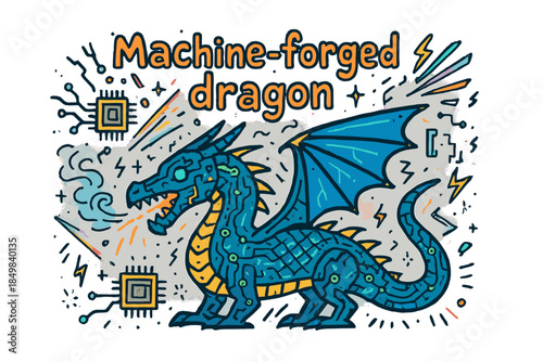 Machine-Forged Dragon Doodle. Machine-forged dragon. Hand-drawn doodle illustration of Machine-forged dragon.