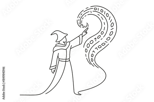 Neon Mage Spellcasting. "Neon mage casting a spell made of glowing data streams". Minimalistic one-line