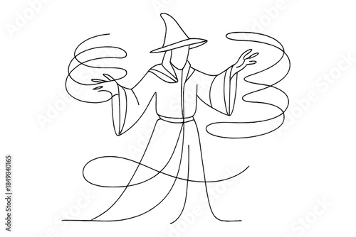 Neon Wizard Energy. "Neon wizard manipulating digital energy ribbons". Minimalistic one-line drawing [of