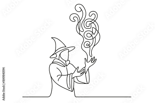 Neon Spellcaster Illumination. "Neon spellcaster conjuring algorithmic energy". Minimalistic one-line drawing