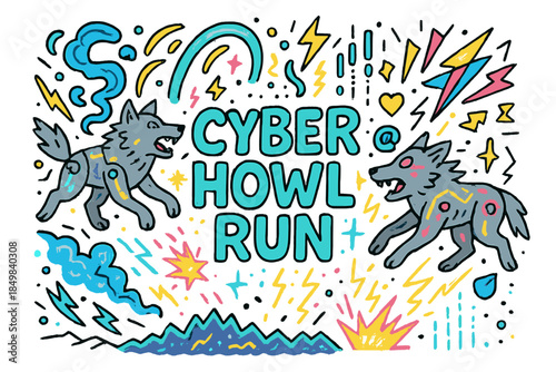 Cyber Wolves Neon Chase. Cyber howl run. Hand-drawn doodle illustration of Cyber howl run. Cyber wolves,