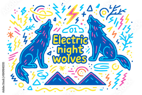 Electric Night Wolves. Electric night wolves. Hand-drawn doodle illustration of Electric night wolves. Neon