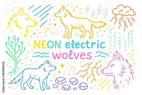 Neon Electric Wolves. Neon electric wolves. Hand-drawn doodle illustration of Neon electric wolves. Neon