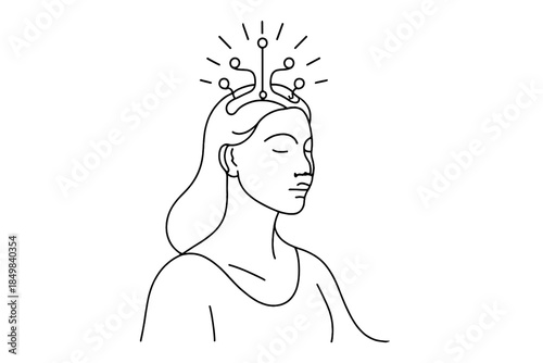 Hologram Empress Art. "Hologram-empress with radiant circuit crown". Minimalistic one-line drawing [of a