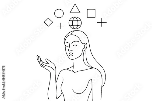 Cybernetic Deity Silhouette. "Cyber goddess with floating hologram symbols". Minimalistic one-line drawing [of