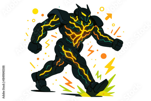 Plasma-Powered Mech. Robotic warrior infused with glowing plasma veins. A towering mech strides forward,