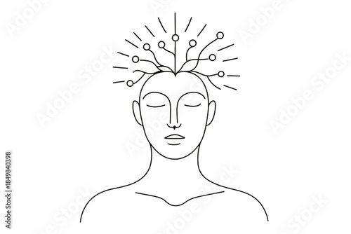 Radiant Neural Goddess. "AI goddess with radiant neural crown". Minimalistic one-line drawing [of a divine