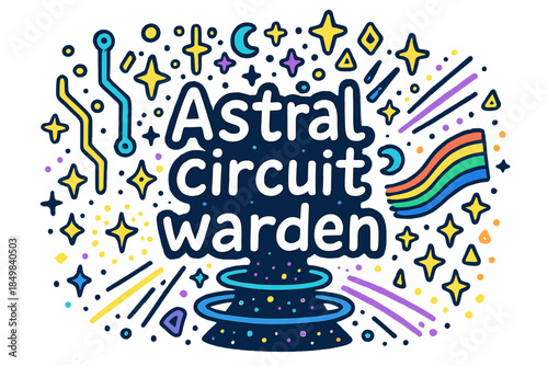 Astral Circuit Warden. Astral circuit warden. Hand-drawn doodle illustration of Astral circuit warden. Neon