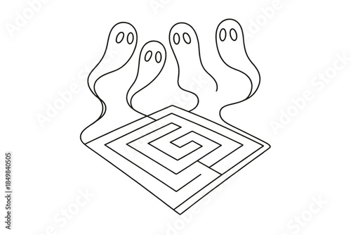 Digital Phantom Labyrinth. "Cyber maze watched by drifting digital phantoms". Minimalistic one-line drawing