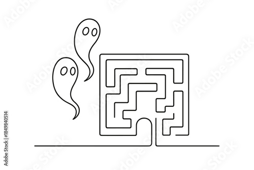 Neon Labyrinth Guardians. "Neon-lit labyrinth guarded by spectral cyber spirits". Minimalistic one-line