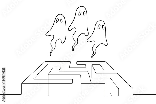 Neon Labyrinth Guardians. "Neon labyrinth walls glowing under spectral patrol". Minimalistic one-line drawing