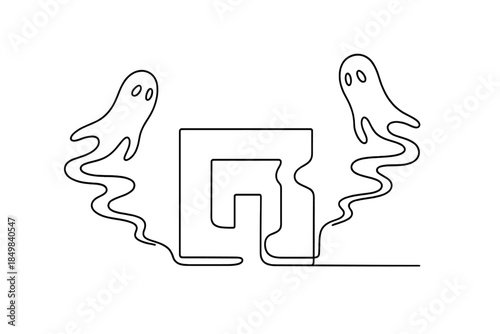 Neon Labyrinth Phantoms. "Neon maze entrance veiled by digital spirits". Minimalistic one-line drawing [of a