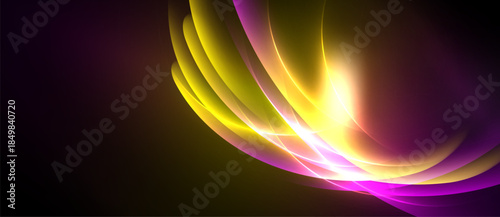 Abstract vibrant energy flows, yellow, purple hues blend. Dynamic light creates flowing shapes, dark background contrasts brilliance.