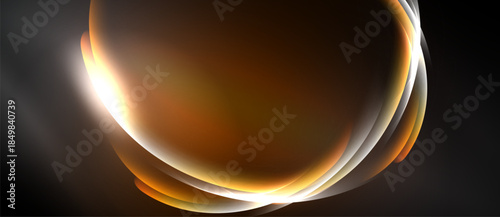 Abstract design features flowing curves, warm colors, light effects. Dark background emphasizes central glowing shape. Modern, dynamic composition.
