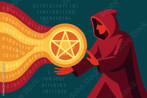 Digital Sorcery Unleashed. Dataflare mage. Waves of coded light surge outward as the sorcerer channels raw