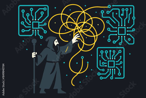 Sorcerer's Tech Ritual. Code-binding ritual. The sorcerer binds floating circuits together with radiant