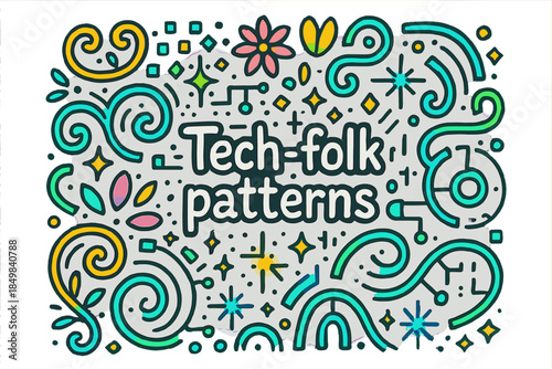 Tech-Folk Artistry. Tech-folk patterns. Hand-drawn doodle illustration of Tech-folk patterns. Folk swirls,