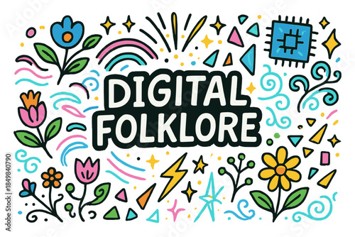 Digital Folklore Fusion. Digital folklore. Hand-drawn doodle illustration of Digital folklore. Folk flowers,