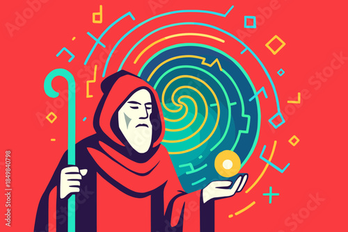 Neon Vortex Sage. Digital vortex sage. A spiraling neon vortex rises behind the mage, glowing lines snapping