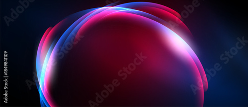 Abstract flowing shapes, vibrant colors, pinks, blues, light effects create dynamic visual experience. Smooth gradients dominate composition.
