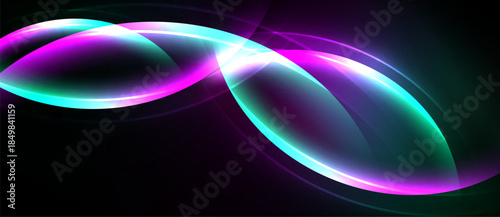 Abstract glowing shapes overlap, creating vibrant light trails. Purple, teal hues dominate dark background. Modern design element.