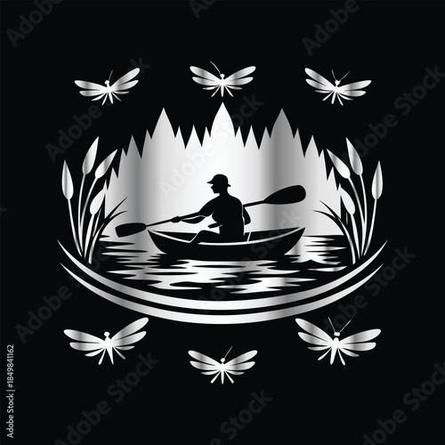 Adventure kayaking logo design.Vector illustration on black background.
Adventure kayaking logo design.kayak on the lake, mountains silhouette in the circle, vector illustration
