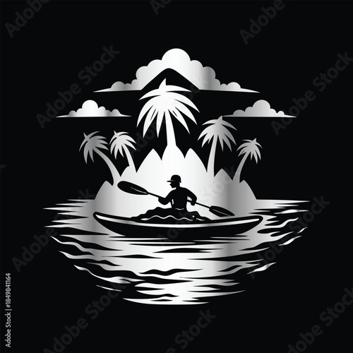 Adventure kayaking logo design.Vector illustration on black background.
Adventure kayaking logo design.kayak on the lake, mountains silhouette in the circle, vector illustration
