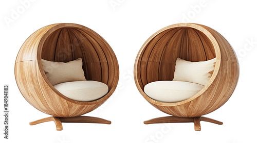 Modern wooden ball chairs with comfortable cushions offering a unique seating option