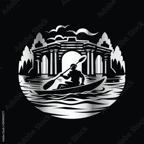 Adventure kayaking logo design.Vector illustration on black background.
Adventure kayaking logo design.kayak on the lake, mountains silhouette in the circle, vector illustration

