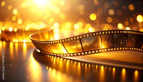 Cinematic golden film strip with blurred bokeh lights, evoking a sense of magic and wonder
