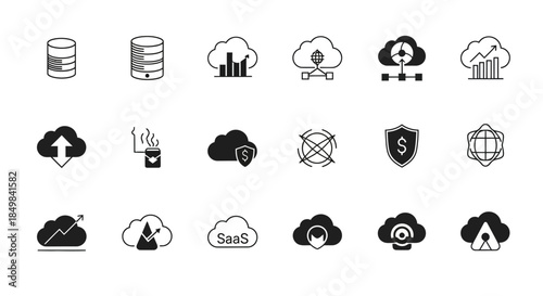 Collection of cloud computing and data storage icons representing modern technology solutions