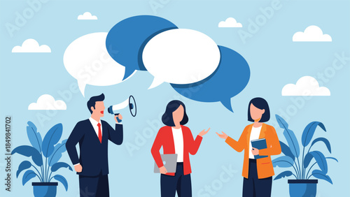 Three professionals engaging in a discussion surrounded by speech bubbles and plants in a serene office environment from a frontal viewpoint