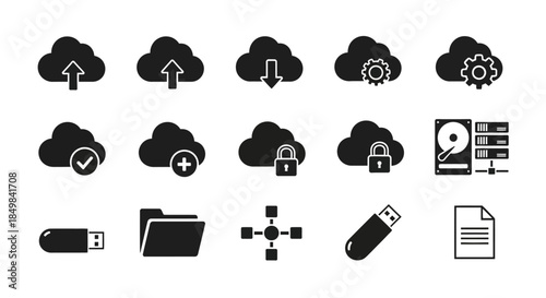 Collection of Cloud Computing and Data Storage Icons for Digital Services and Platforms
