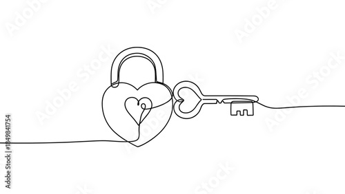 Key unlocking heart-shaped padlock in one line style for romance, trust, and Valentine’s Day themes