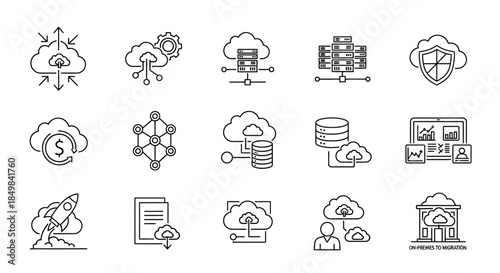 Cloud Computing and Networking Icons Set Representing Modern Technology and Data Management