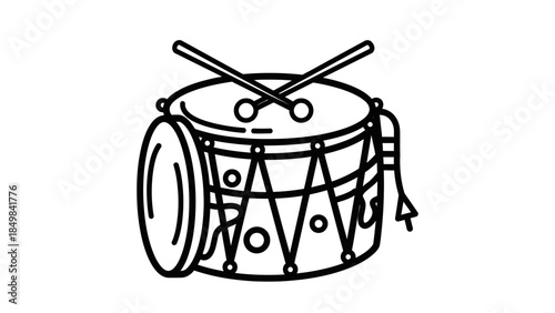 A black and white line drawing of a drum with drumsticks resting on top.