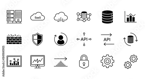 Collection of abstract vector data network and cybersecurity icons illustrating cloud computing