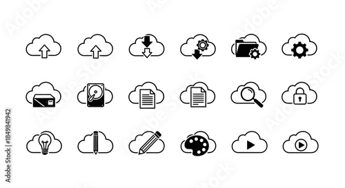 Cloud computing icon set featuring data management upload download and data storage applications
