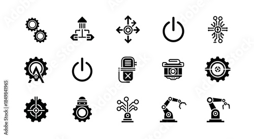 Collection of innovative technology icons depicting industrial automation and engineering