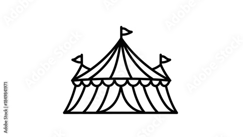 A simple black and white line drawing of a circus tent with flags on top.