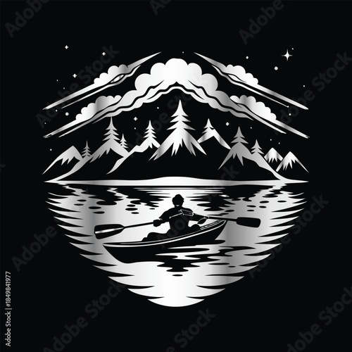 Adventure kayaking logo design.Vector illustration on black background.
Adventure kayaking logo design.kayak on the lake, mountains silhouette in the circle, vector illustration
