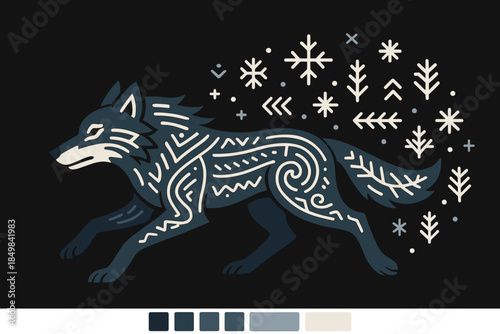 Wolf's Radiant Trail. Running wolf sigil. A wolf in motion leaves behind a trail of glowing folk symbols, its