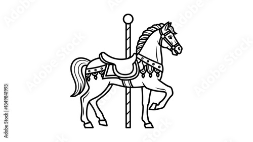 A detailed black and white line drawing of a carousel horse with a saddle and bridle.