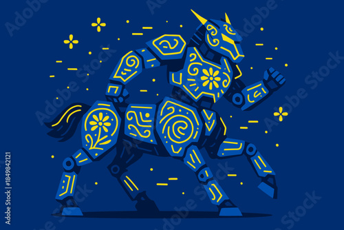 Neon Mech-Centaur. Folk mech-centaur. A robotic centaur decorated with neon ornamental lines moves with