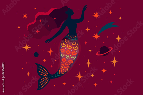 Cosmic Mermaid Glow. Cosmic mermaid. A mermaid floats upward, her tail illuminated with folk-like holographic