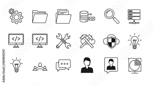 Collection of modern technology and business line icons representing data analysis and teamwork