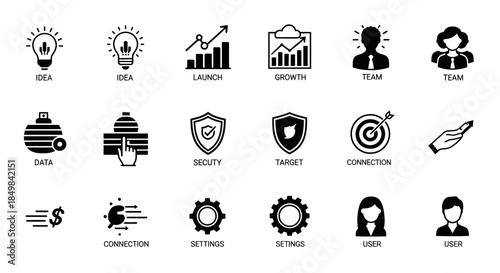 Business strategy and development vector icon set symbolizing growth teamwork and innovation